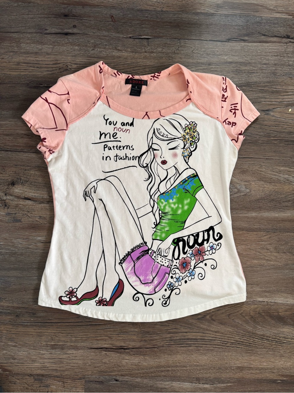 Adore Pink Sleeve Graphic Tee with Colorful Illustrated Girl